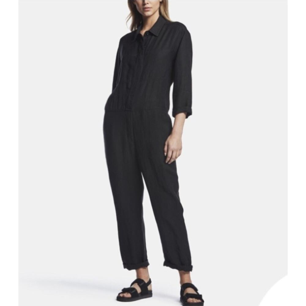 James Perse Jumpsuit Black Viscose Linen Oversized Button Front Collared NOWT